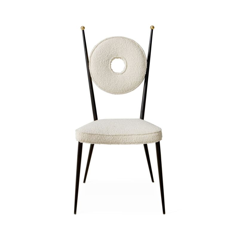 A fabulous cream boucle and blackened steel dining chair 