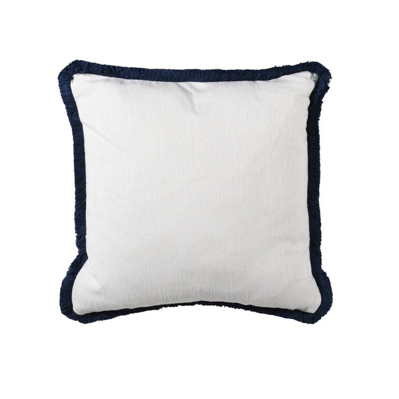 A chic cream cushion with stunning sapphire blue fringing 