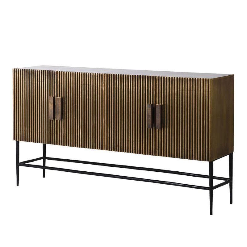 Elegant side board with two cupboards in antique brass ribbed finish