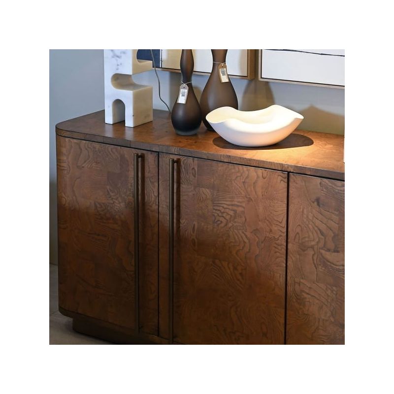 Large orange wood sideboard with two sets of double doors and burled wood finish