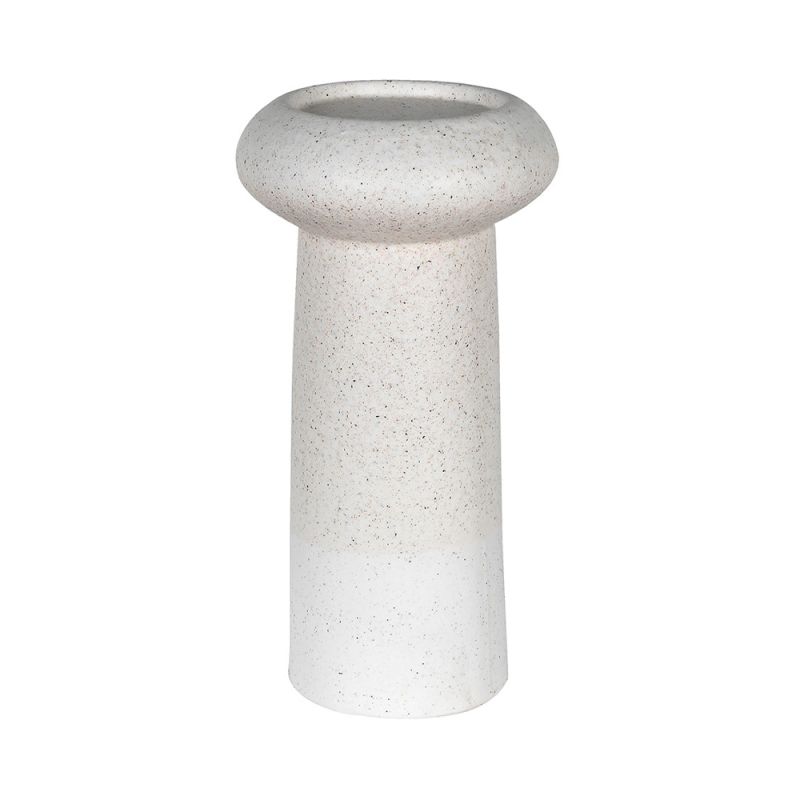 An off-white, ceramic candle holder with a speckled design and organic shape