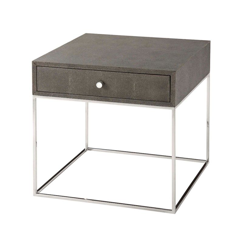 A stylish side table with a shagreen-embossed leather top and polished nickel base