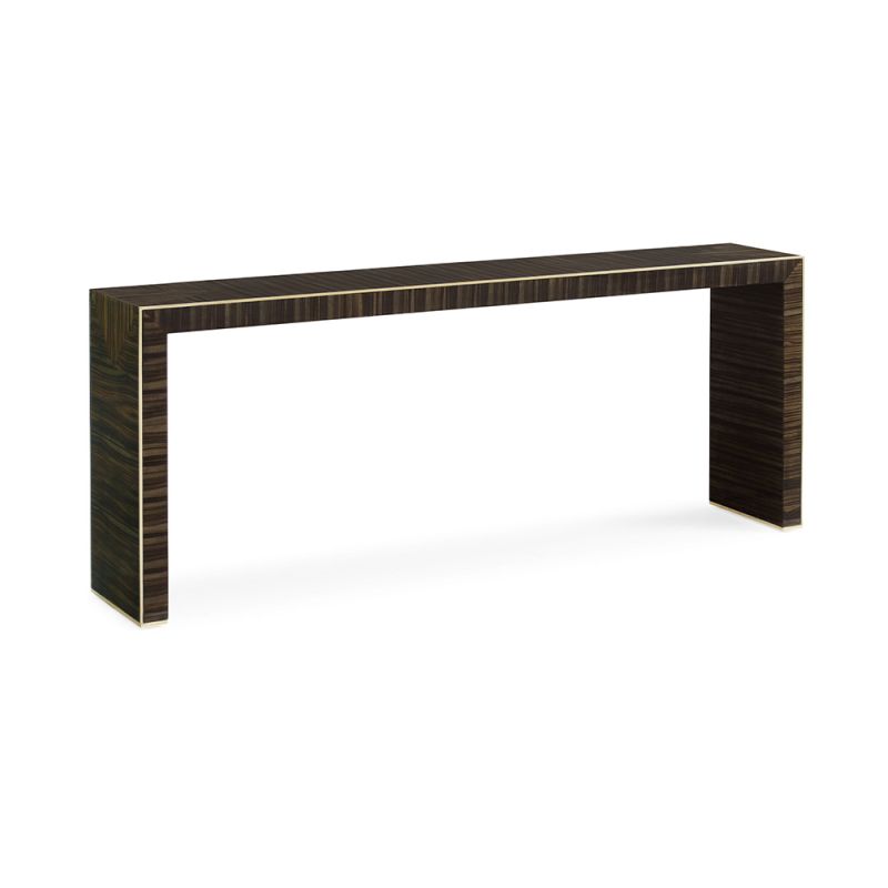 A luxury console table by Caracole with a glamorous gold border