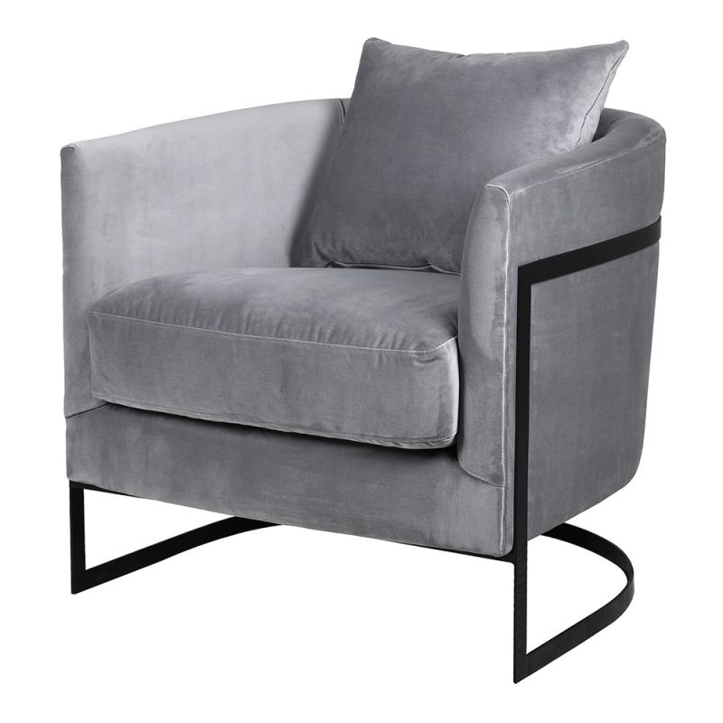 Sleek armchair with black frame and soft grey upholstery
