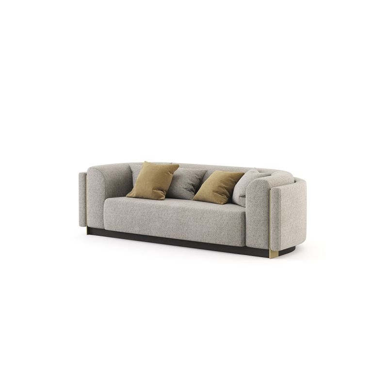 Grey linen 2 seater sofa with glossy gold detailing and dark base. Pictured in Xangai Light Grey.