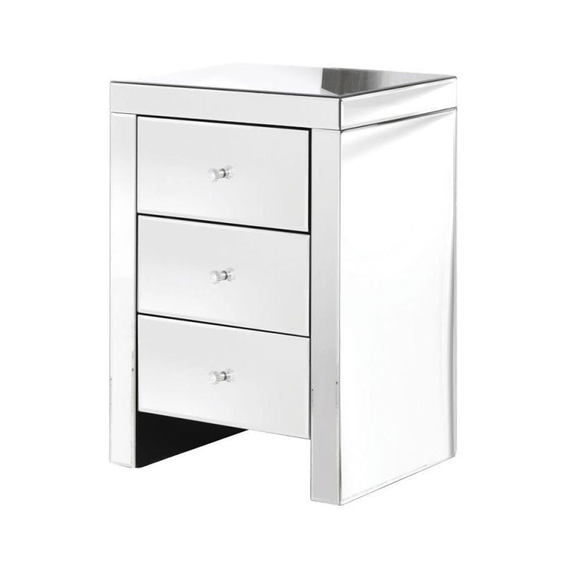 silver reflective side table with crystal-like handles 