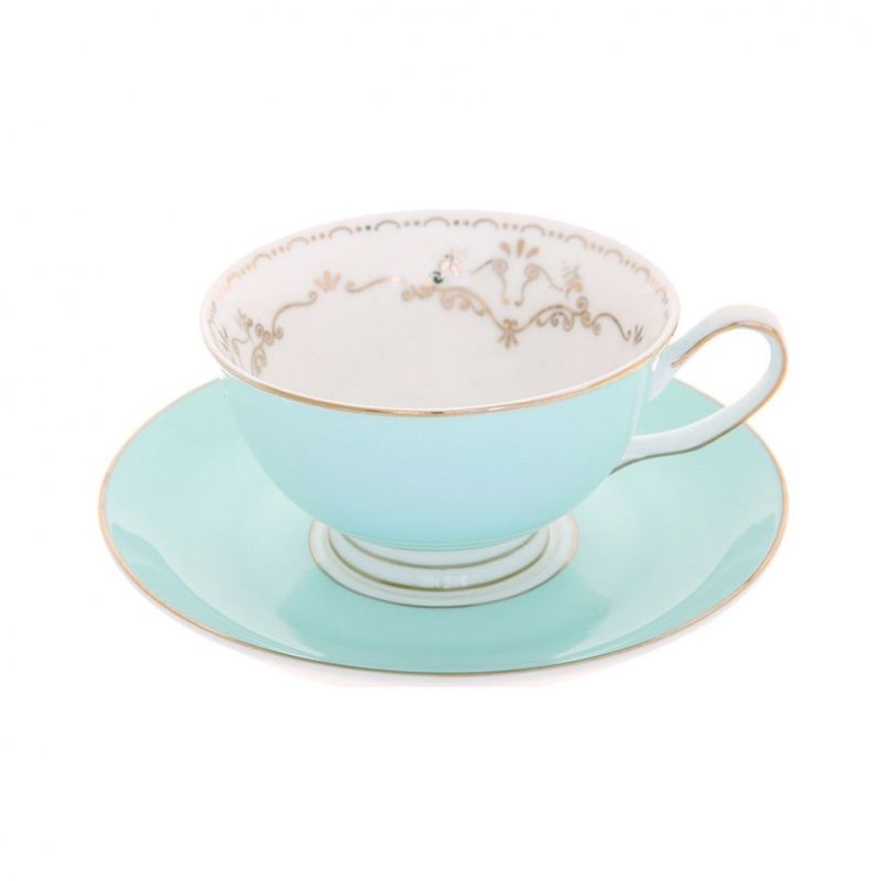 Glossy mint blue teacup and saucer with embellished gold detailing
