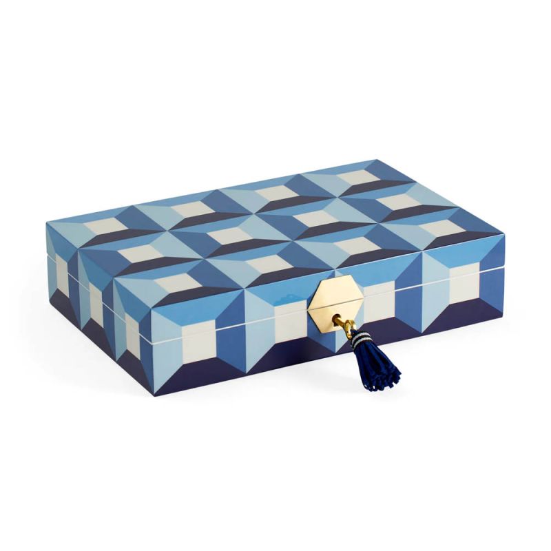 A luxury, velvet-lined jewellery box by Jonathan Adler with a blue geometric design