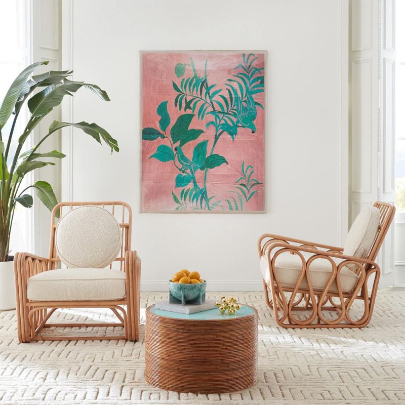 Glossy lacquer and rattan coffee table with a blue tabletop