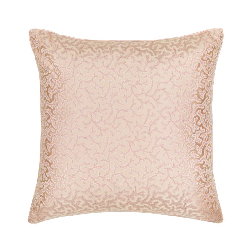 A dreamy, pink silk cushion complete with tailored piping and a stunning jacquard pattern. 