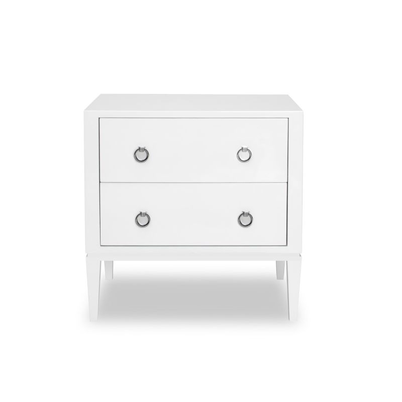 Two-drawer bedside table with white high gloss finish and silver handles