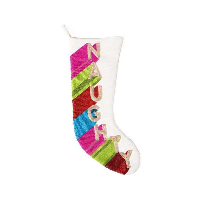 A bright and colourful hand beaded stocking with 'naughty'