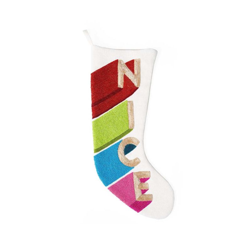 A colourful,  hand-embroidered 'Nice' Christmas stocking