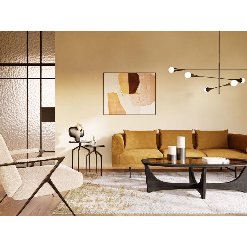 Svelte ceiling light with glass spheres suspended by sturdy arms