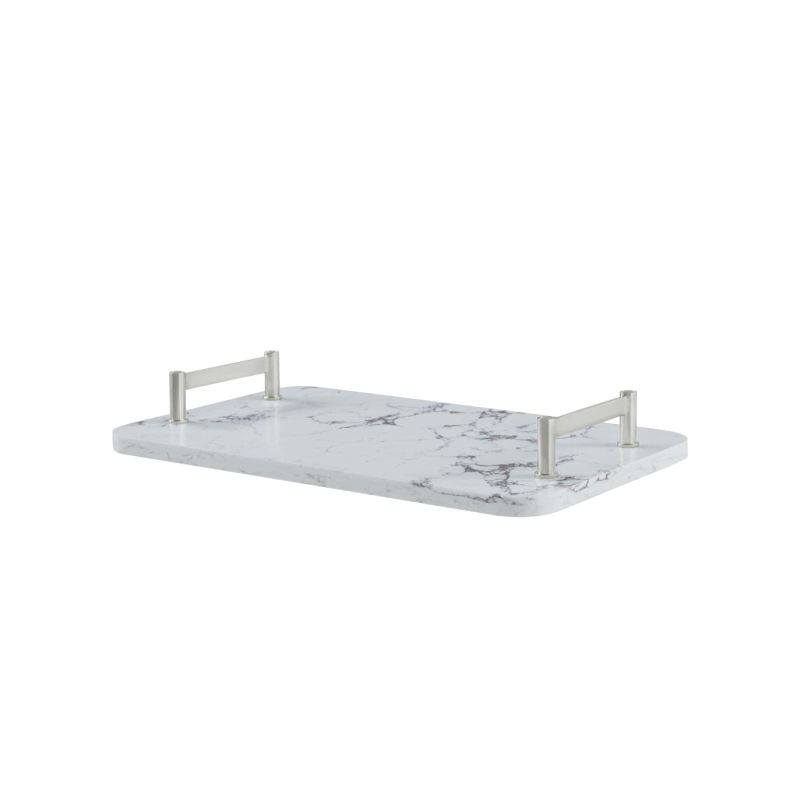 Sleek white marble tray with silver handles