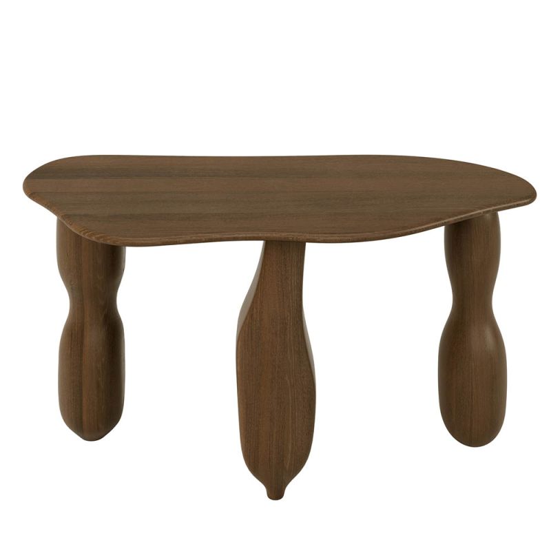 Sculptural console table crafted of mango wood with antique finish