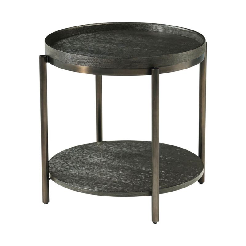 Charcoal finish round side table with tray top and dark brass frame