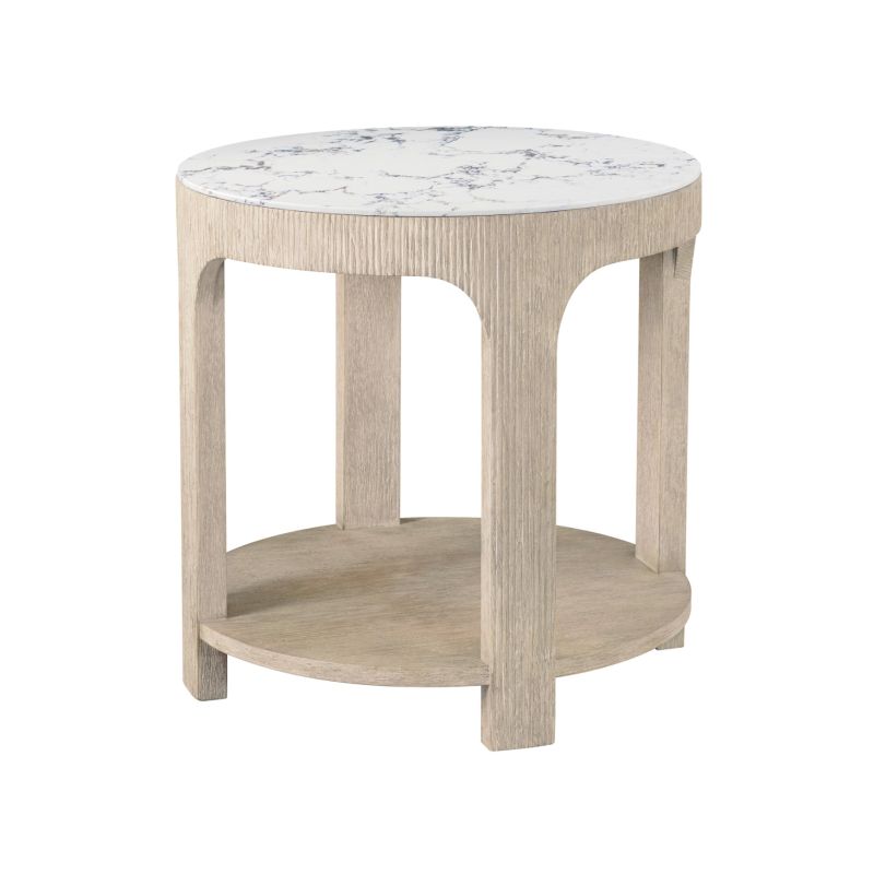 Round side table with light wood rigged frame, with white marble top 