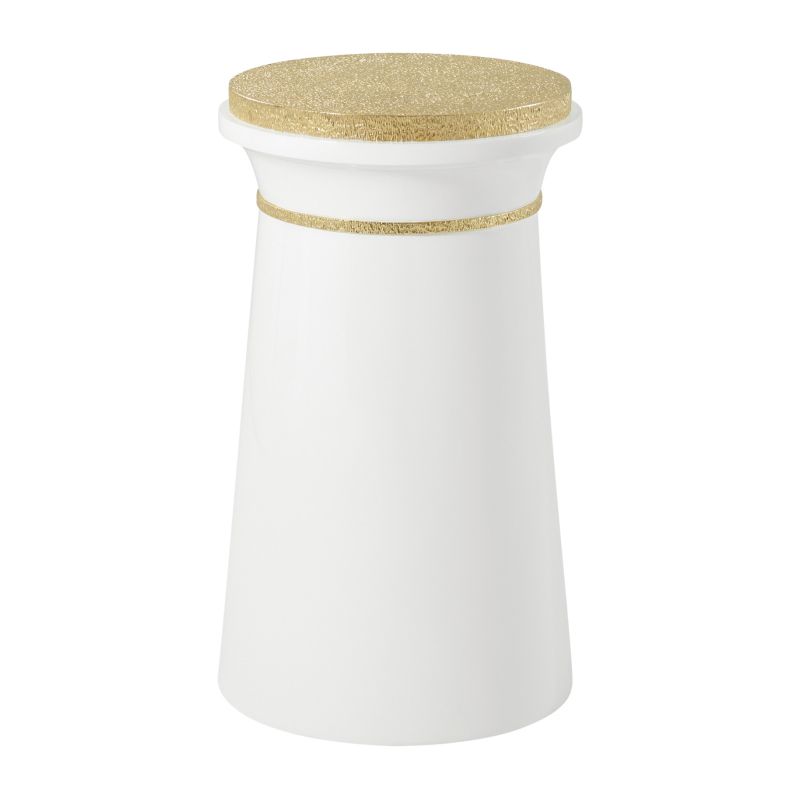 Tall side table with gold accents and striped gold design