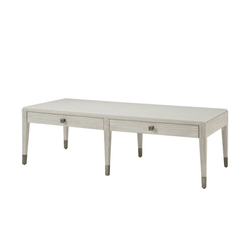 Whitewood coffee table with two drawers and ribbed metal knobs