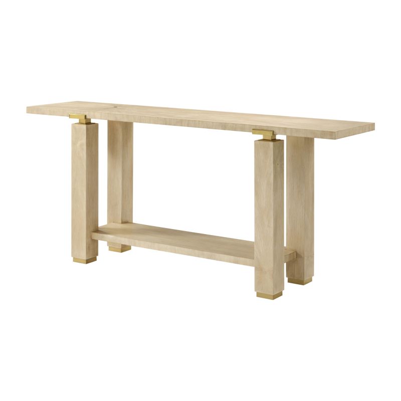 Light wood console table with gold joinery accents