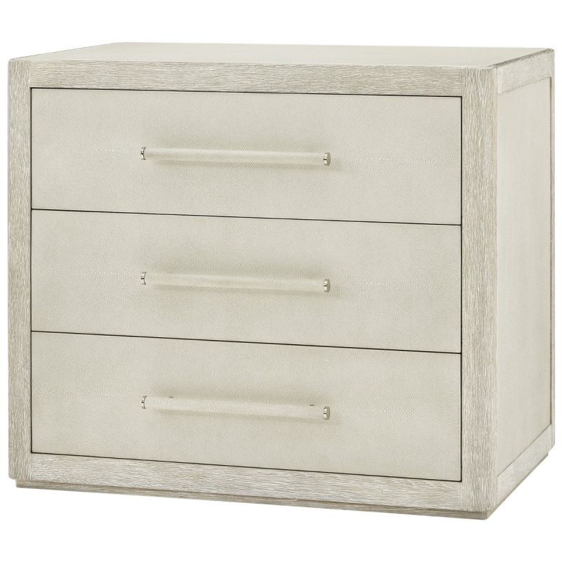 Three drawer bedside table in light wood