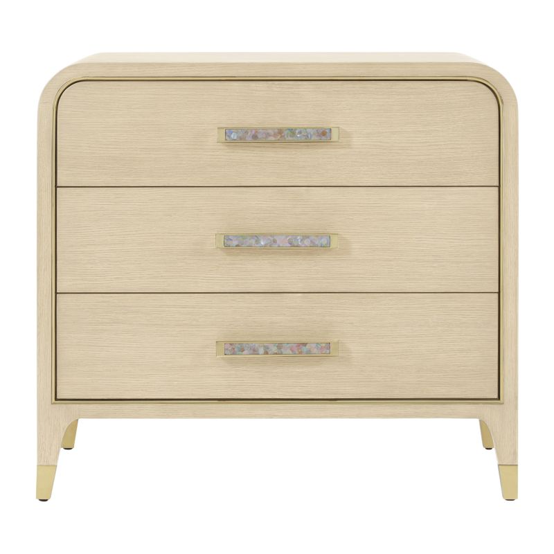 Light wood bedside table with mother of pearl accent handles