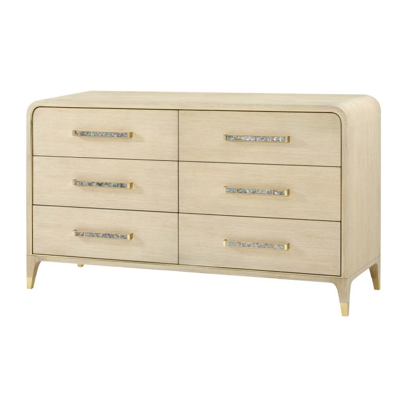 Chest of drawers with light wood finish and mother of pearl handles, six drawers