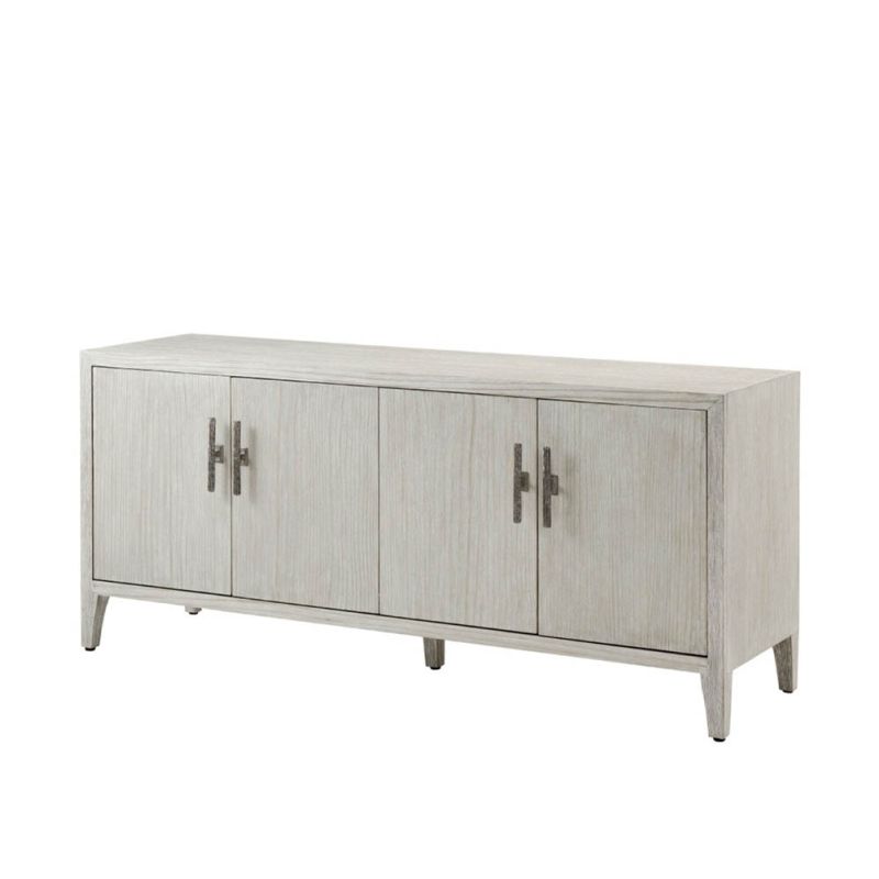 Elegant white washed sideboard with four doors and hammered bronze handles