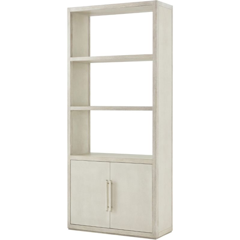Pale white wood bookcase with lower cupboard and two shelves