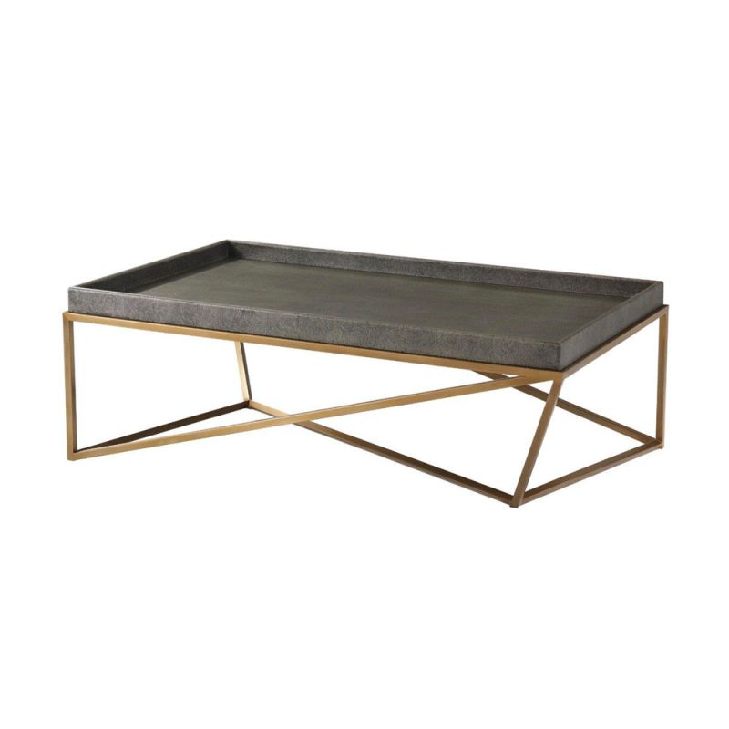 Elegant coffee table with shagreen effect tray top and geometric brass base