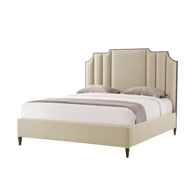 A modern, superking bed with an Art Deco design and dramatic headboard 