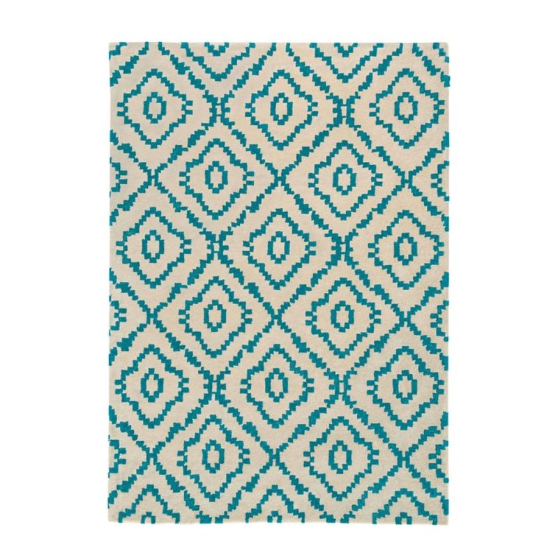 Woven folk design chenille yarn rug in a teal tone
