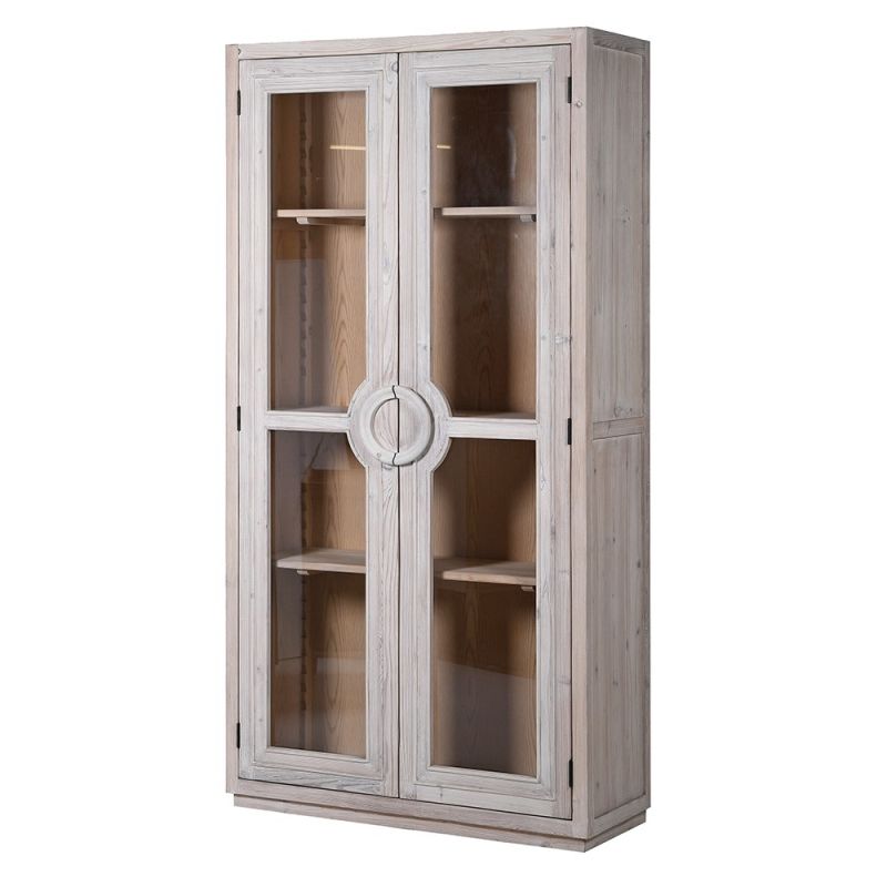 glass door washed wood display cabinet