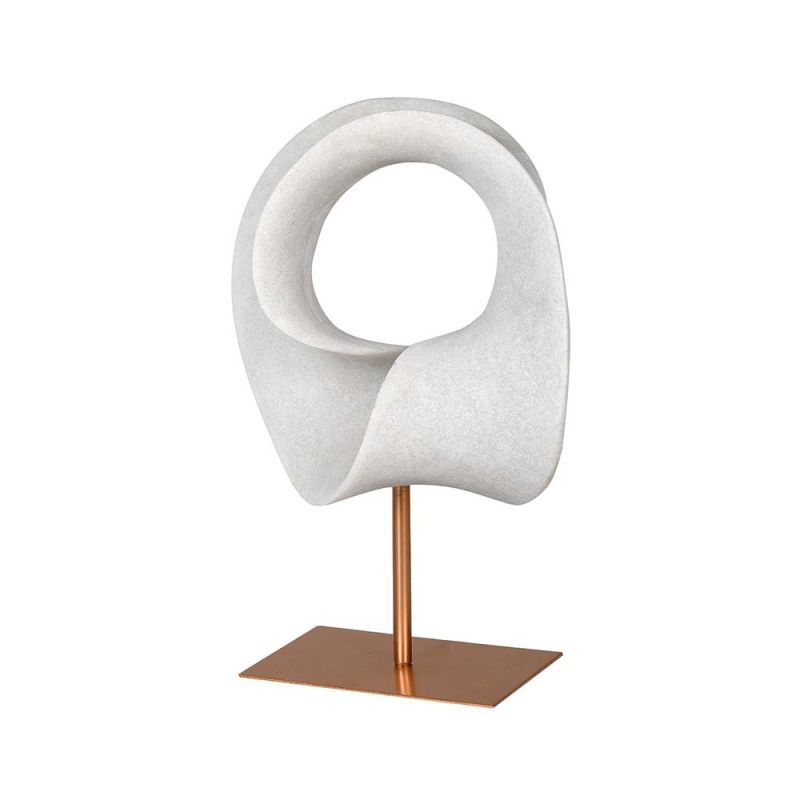 Sculptural object created from white resin and placed on a brass stand