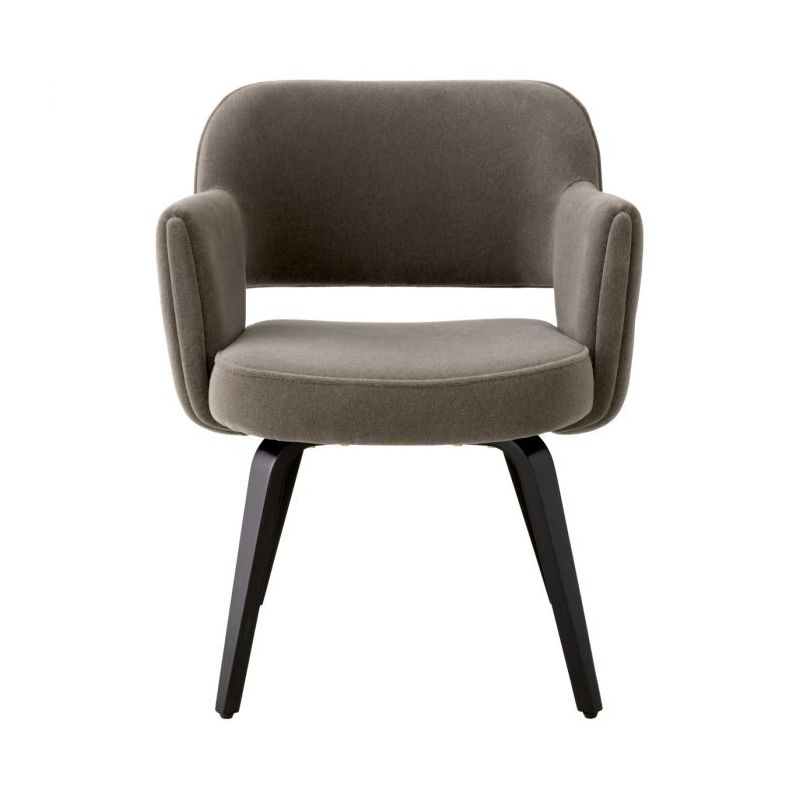 Brown mohair upholstered dining chair, with classic silhouette and black wooden legs