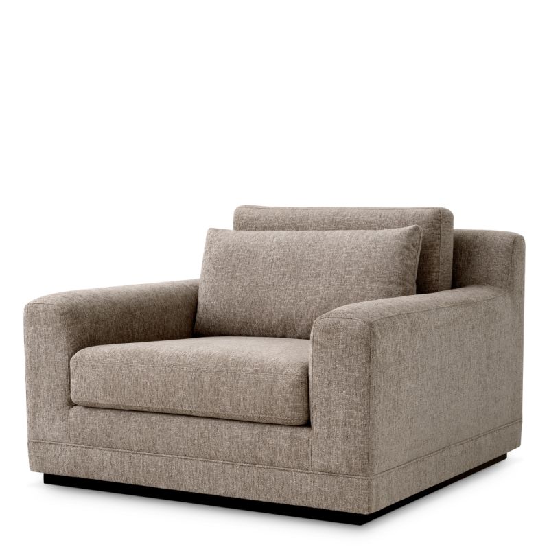Large taupe armchair with a squared silhouette