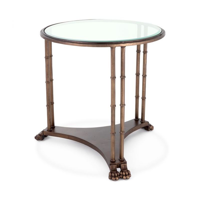 Side table with detailed brass frame and round glass top 