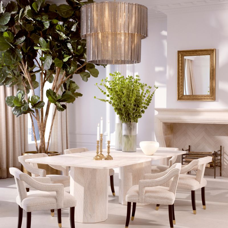 Chic travertine dining table with square top and structural base