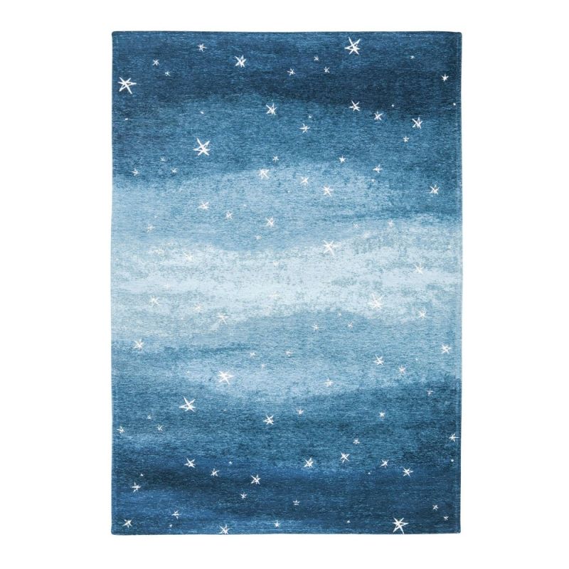 Blue night sky with stars chenille yarn flat weave rug