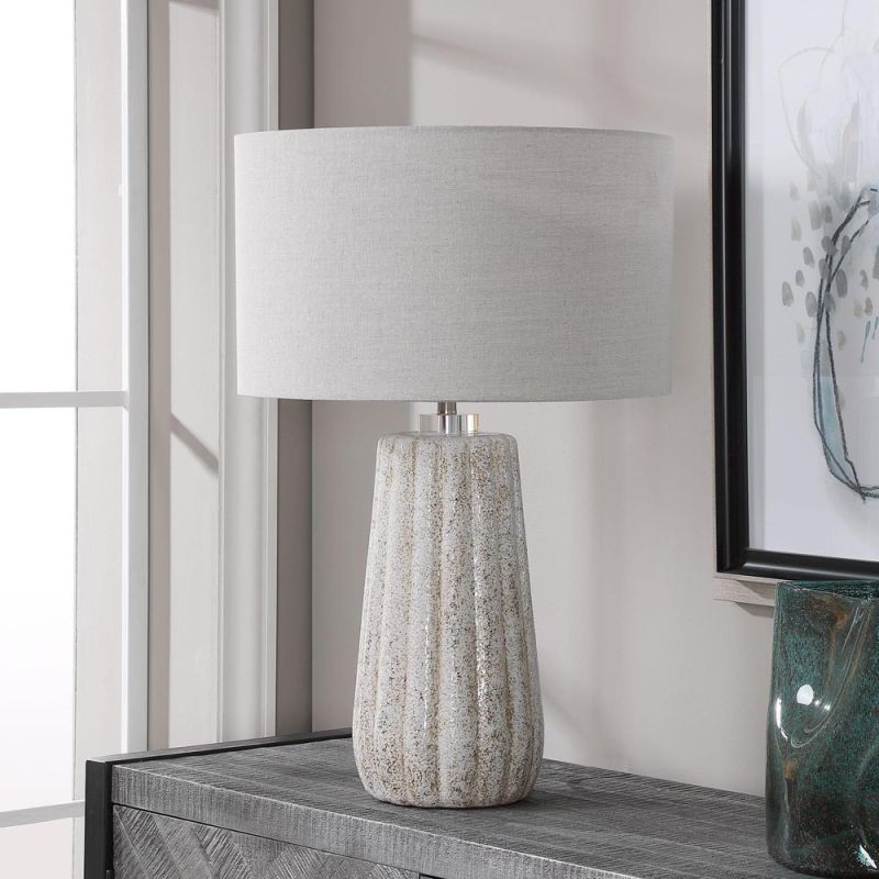 Fluted stone-ivory and taupe glazed lamp with grey shade