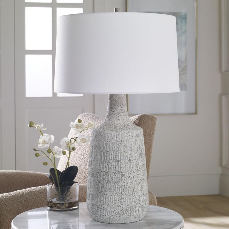 Mottled grey and off-white matte glazed lamp