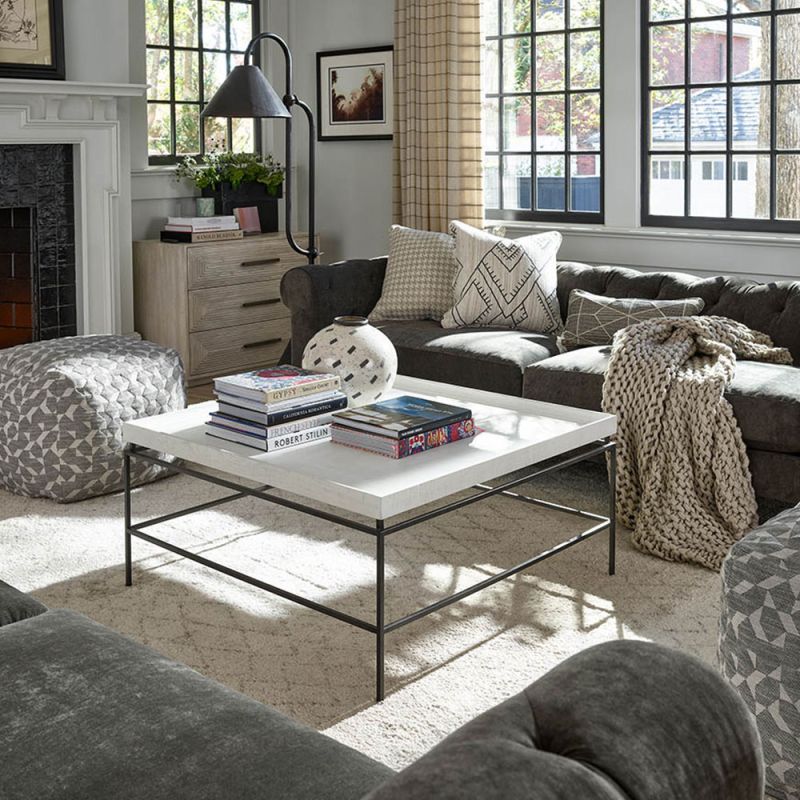 Square coffee table with white oak top and metal base