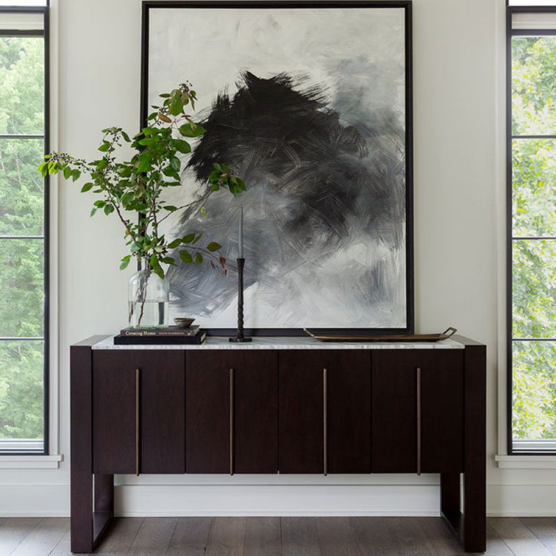 Wooden sideboard with marble top and brass handles 