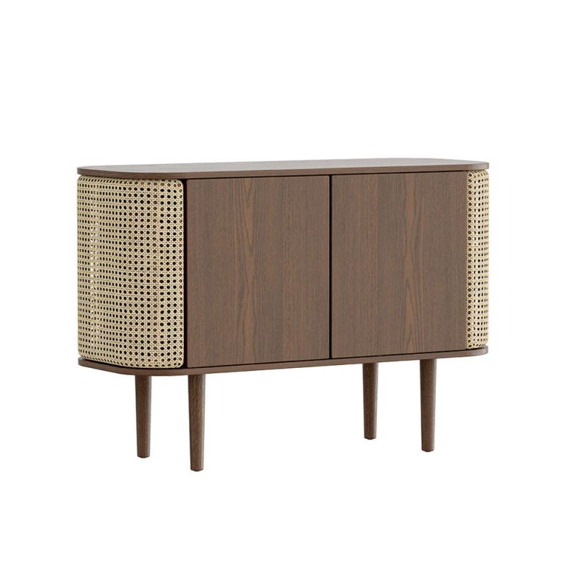 A luxurious dark brown oak and cane cabinet with rattan detailing 