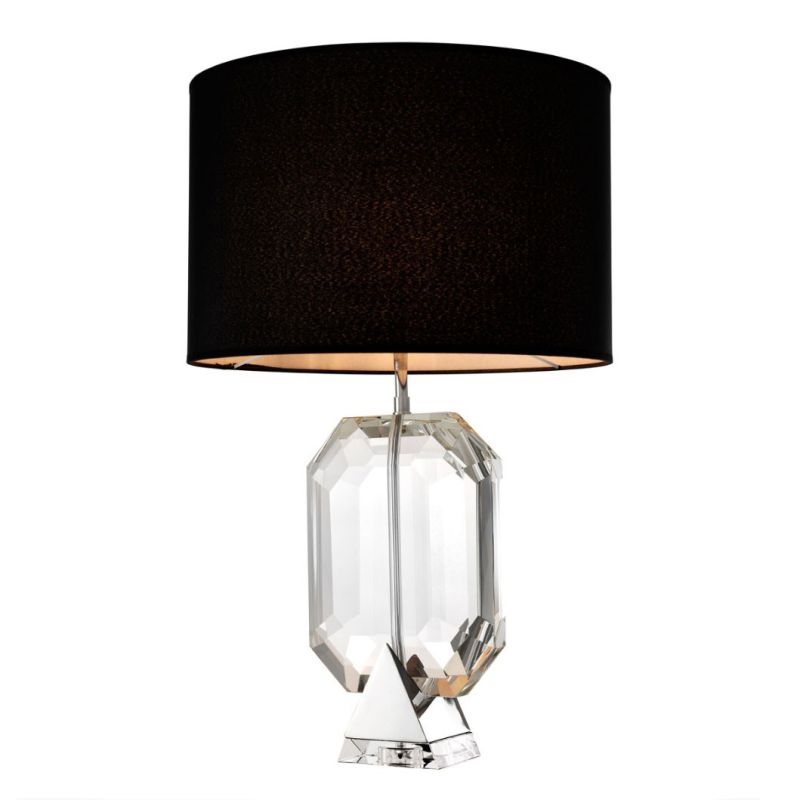 Glistening clear crystal glass table lamp with black suede shade on nickel base