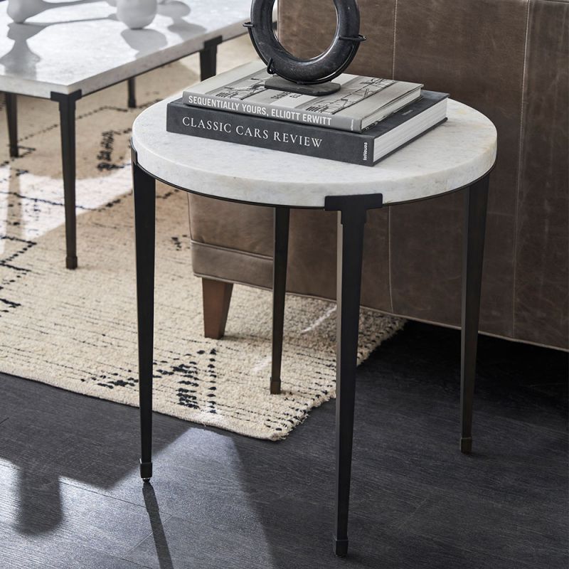 Round side table with marble top and black legs