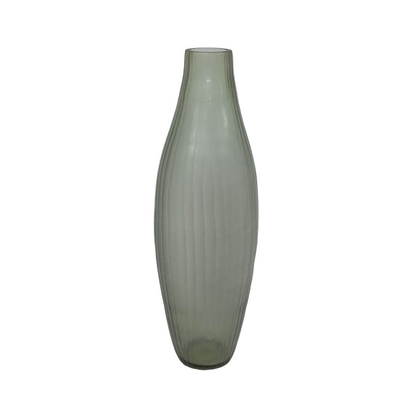 Tall grey glass vase with slight ribbed effect 