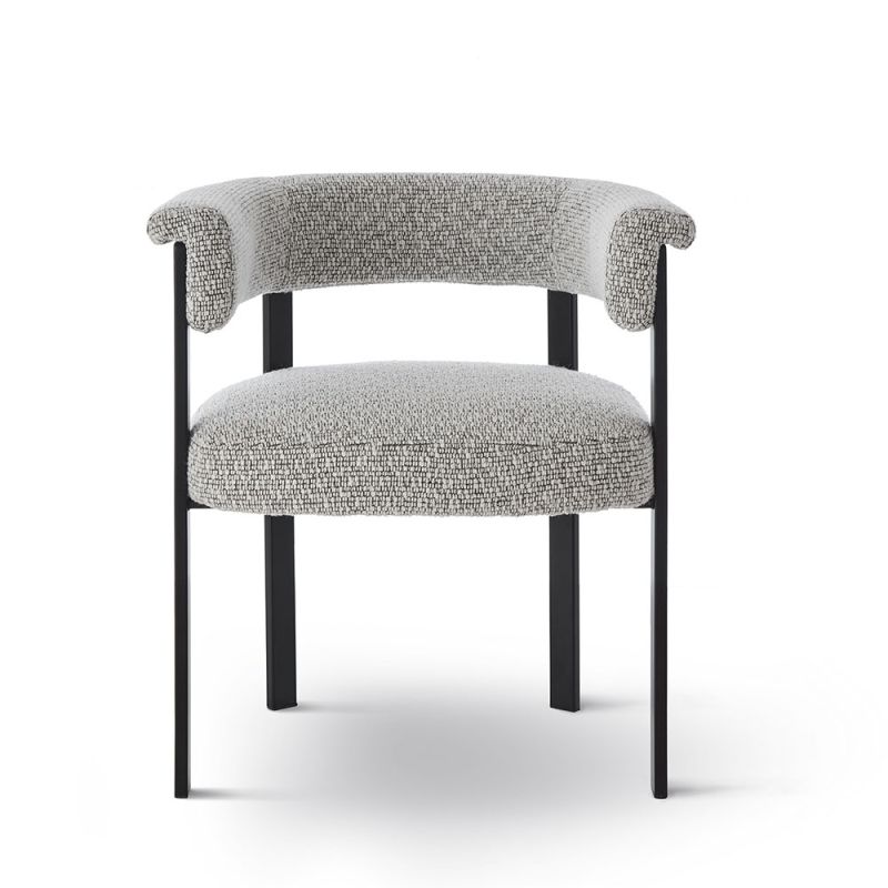 Elegant boucle upholstered dining chair in grey with black frame