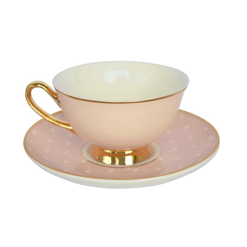 Classic pink and white polka dot cup and saucer with gold detailing